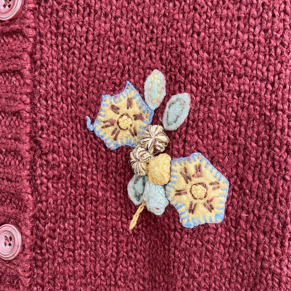 Vtg Cherokee Maroon Floral Detail Grandma Cottagecore Thick Knit Cardigan Sz L - Picture 5 of 10